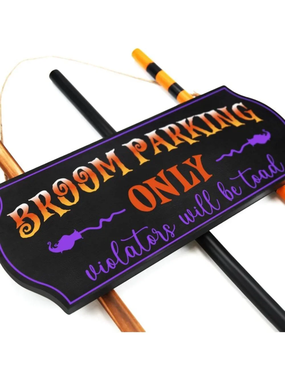 Broom Parking Sign with 3 Wooden Witches Brooms Hocus Pocus Halloween Decor